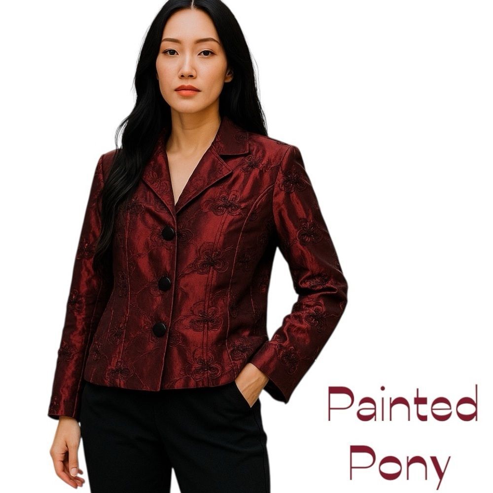 Painted Pony Silk Metallic Ruby Red Fairy Cottage Jacket NWOT Size M